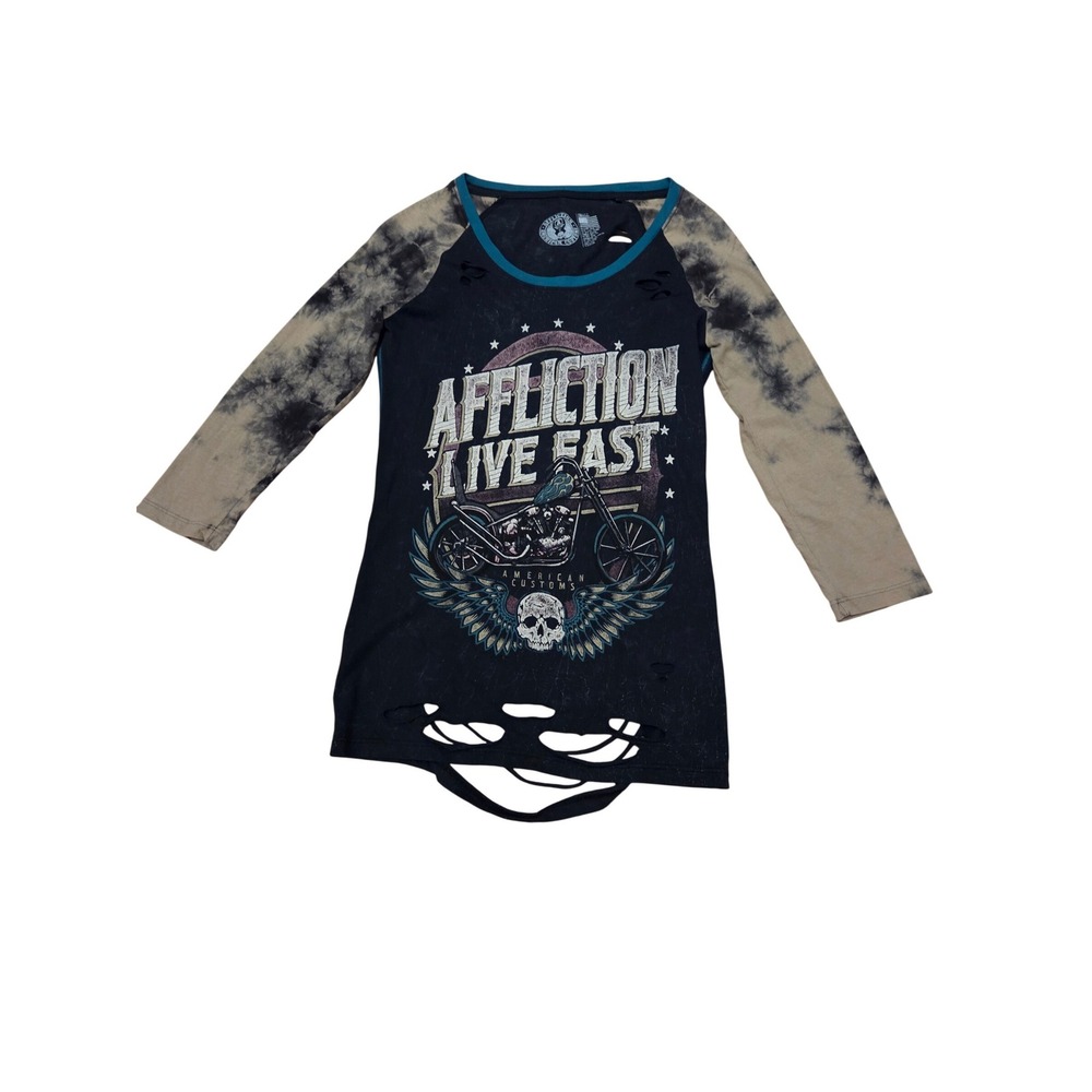 Affliction Live Fast Motorcycle Skull Distressed Long Sleeve Top Women's Small